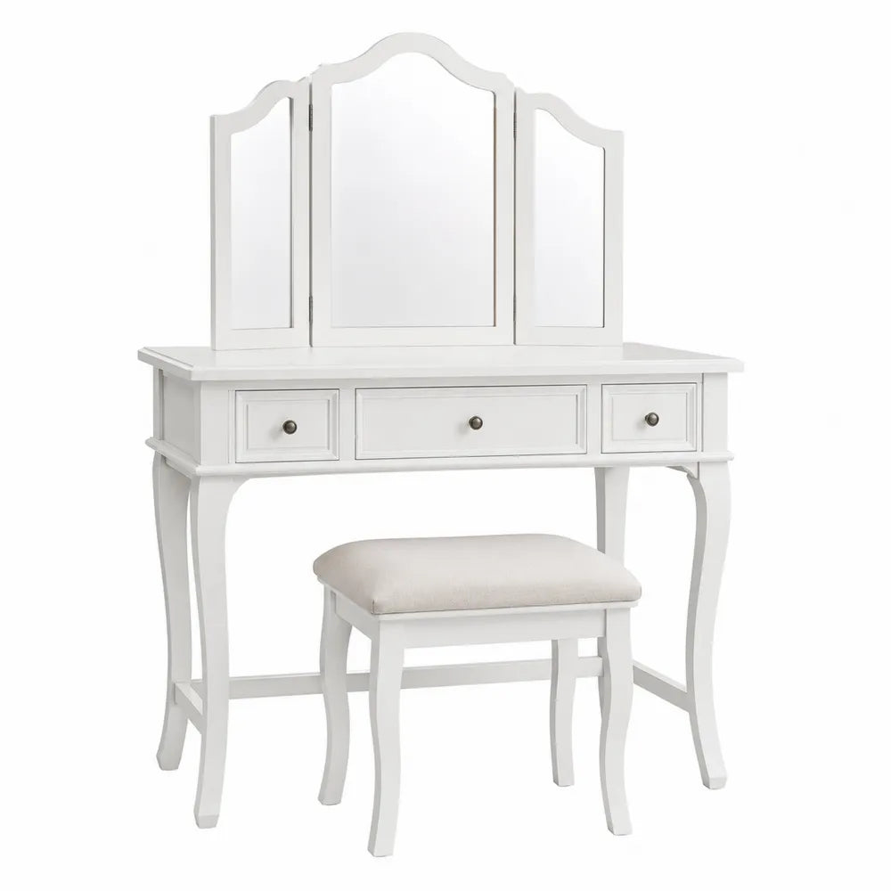 Toeletta con Specchio Triplo e Sgabello in Legno Bianco