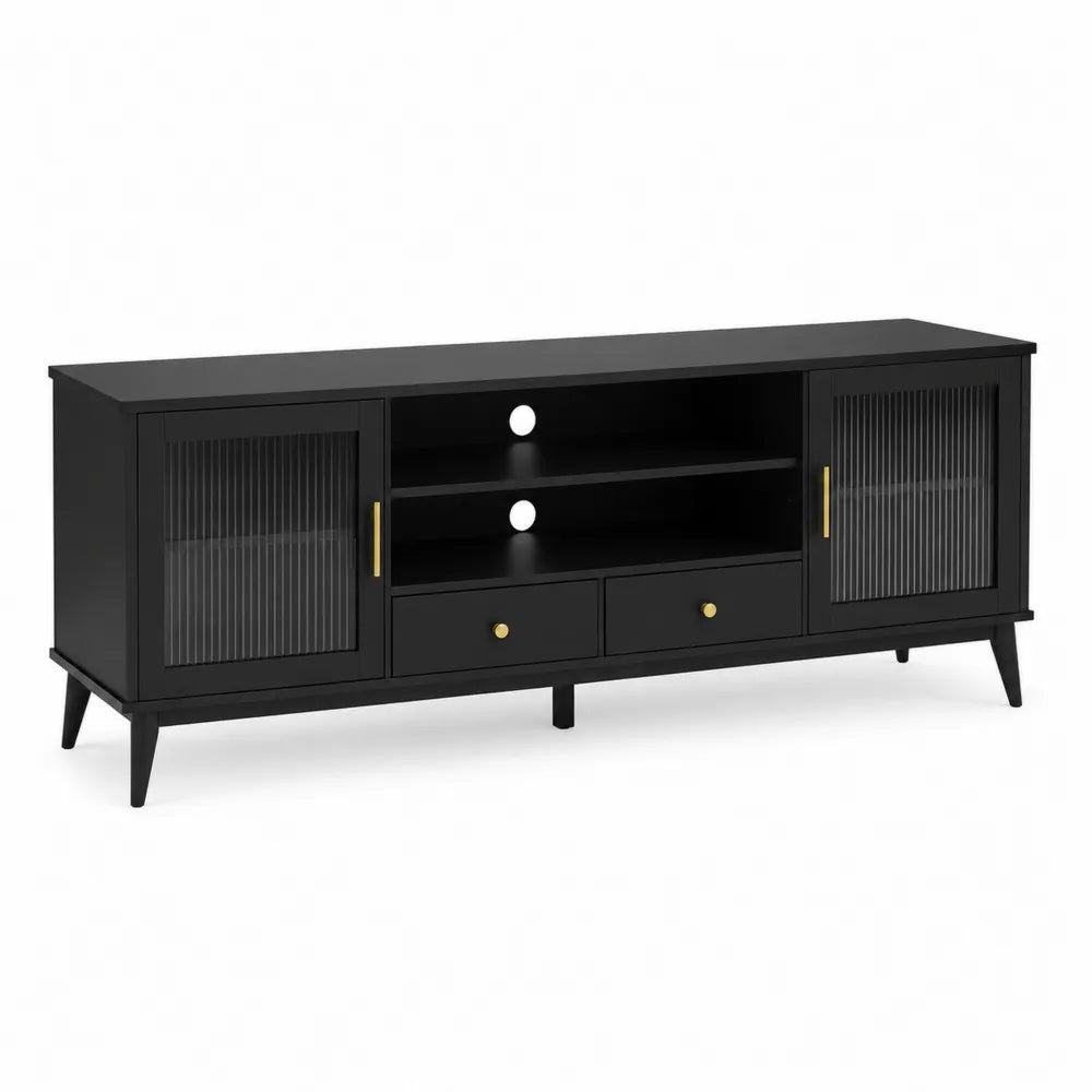 Mobile TV nero in legno con ante in vetro temperato e cassetti