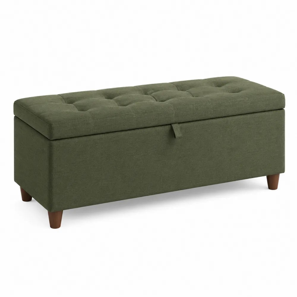 Panca contenitore in tessuto verde con gambe in legno