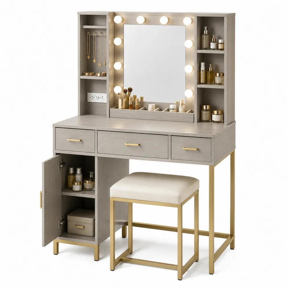 Tavolo da Toeletta in Legno Grigio con Specchio Illuminato e Sgabello