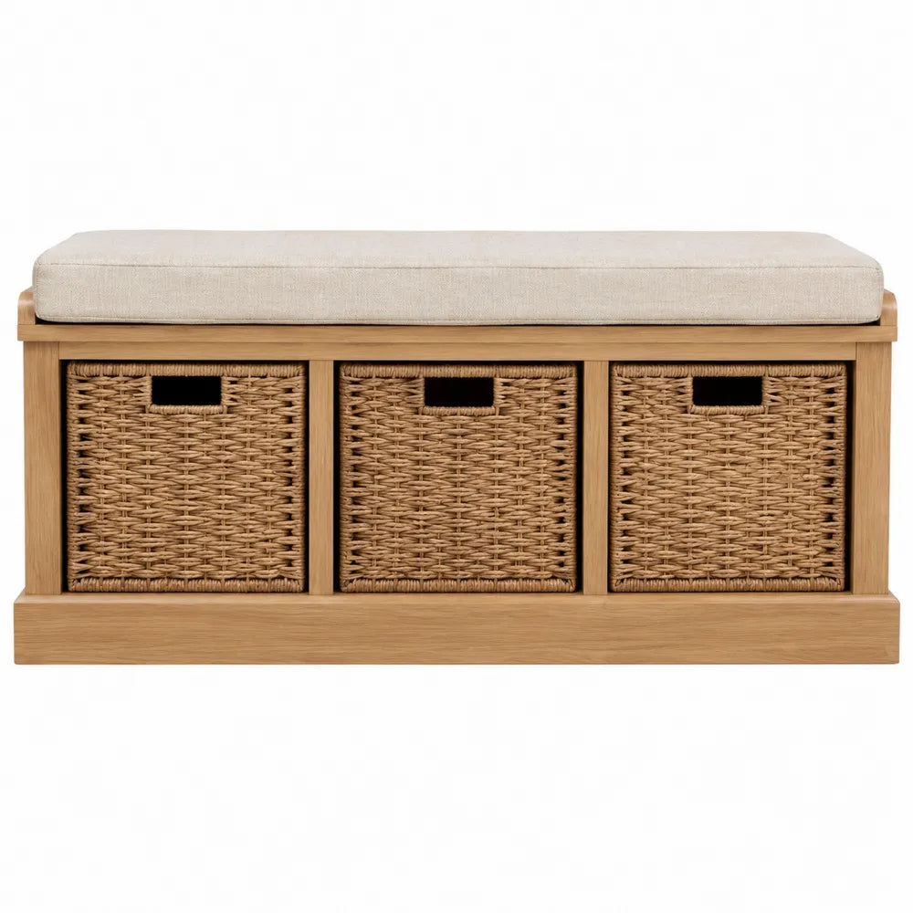 Panca con Cestini in Rattan e Cuscino di Cotone Beige