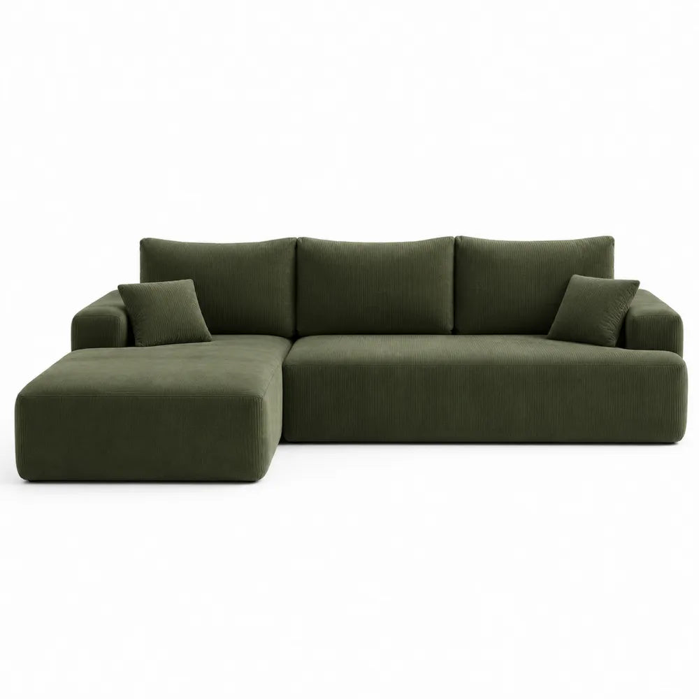 Divano angolare in velluto a coste verde oliva con chaise longue