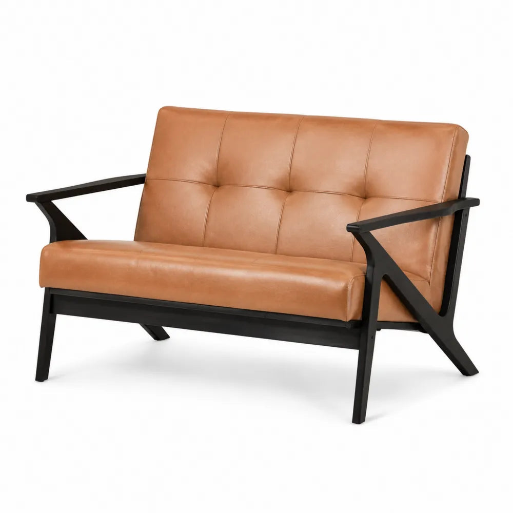 Divano con struttura in legno e rivestimento in pelle sintetica marrone