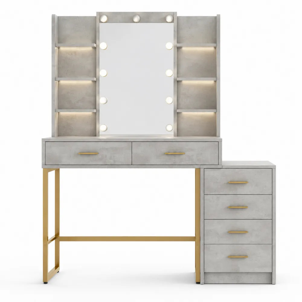Tavolo da Toeletta in Legno effetto Cemento con Specchio e Luci LED