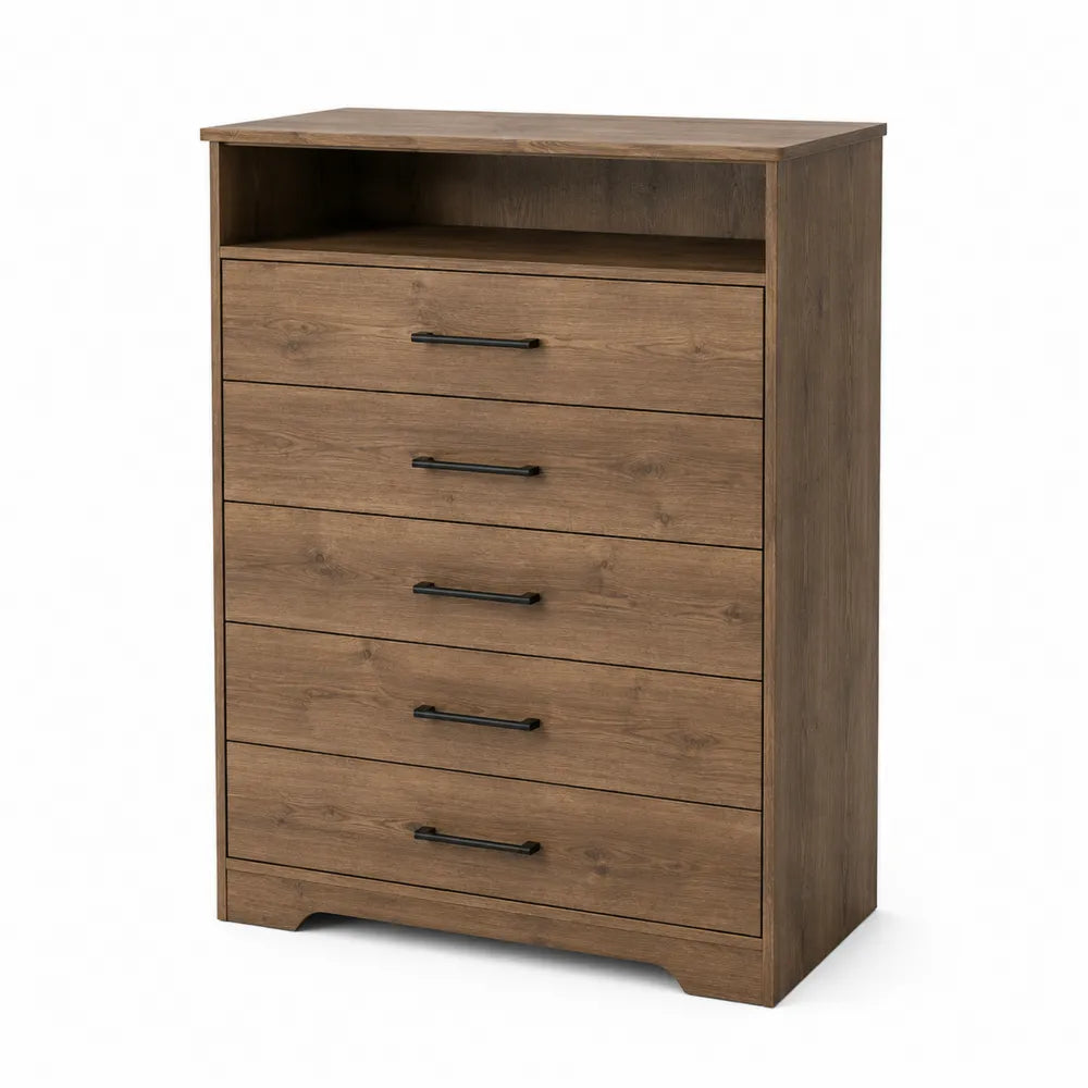 Cassettiera a 5 cassetti in legno MDF con maniglie in metallo nero
