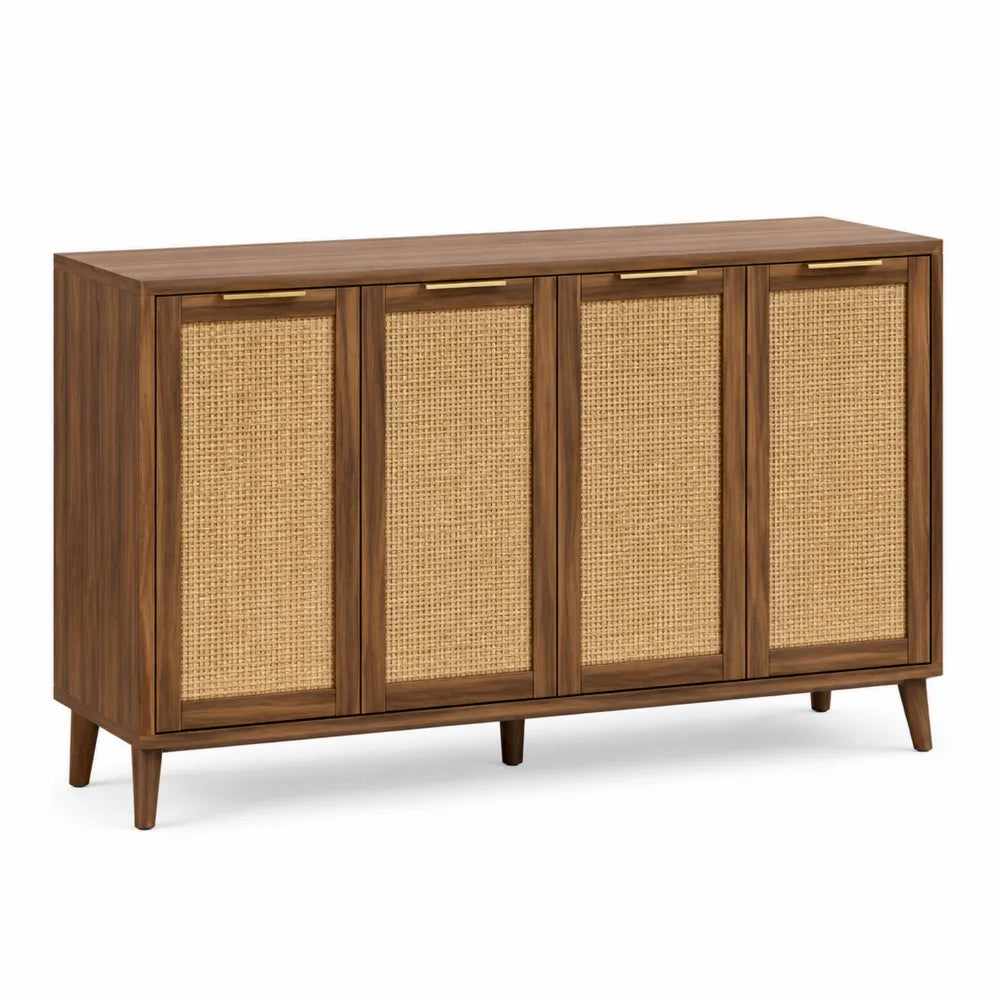 Credenza in legno e rattan a 4 porte