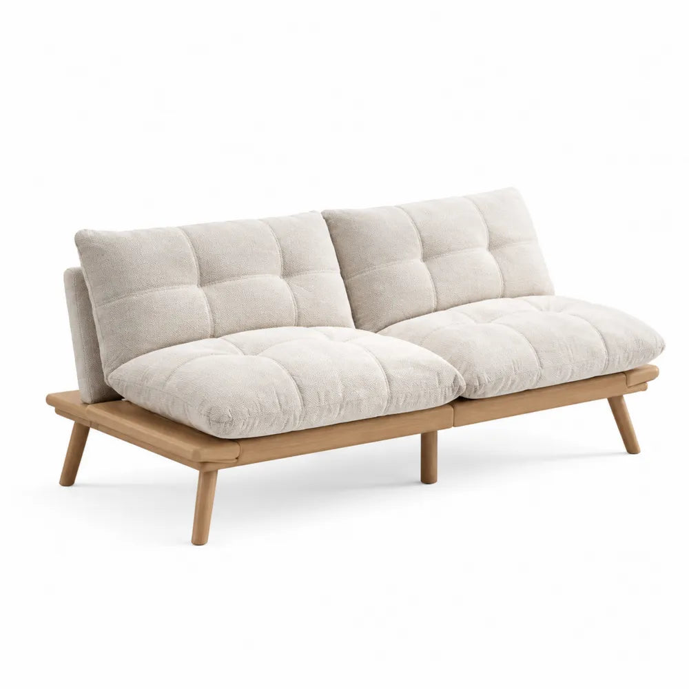 Divano letto in legno e tessuto beige