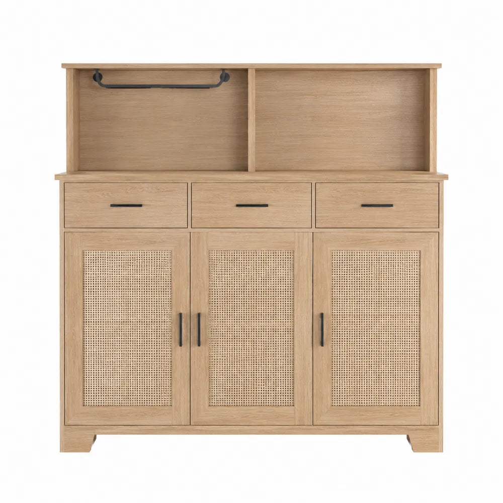 Credenza in Legno e Rattan con Ripiani Aperti 120x40x90 cm